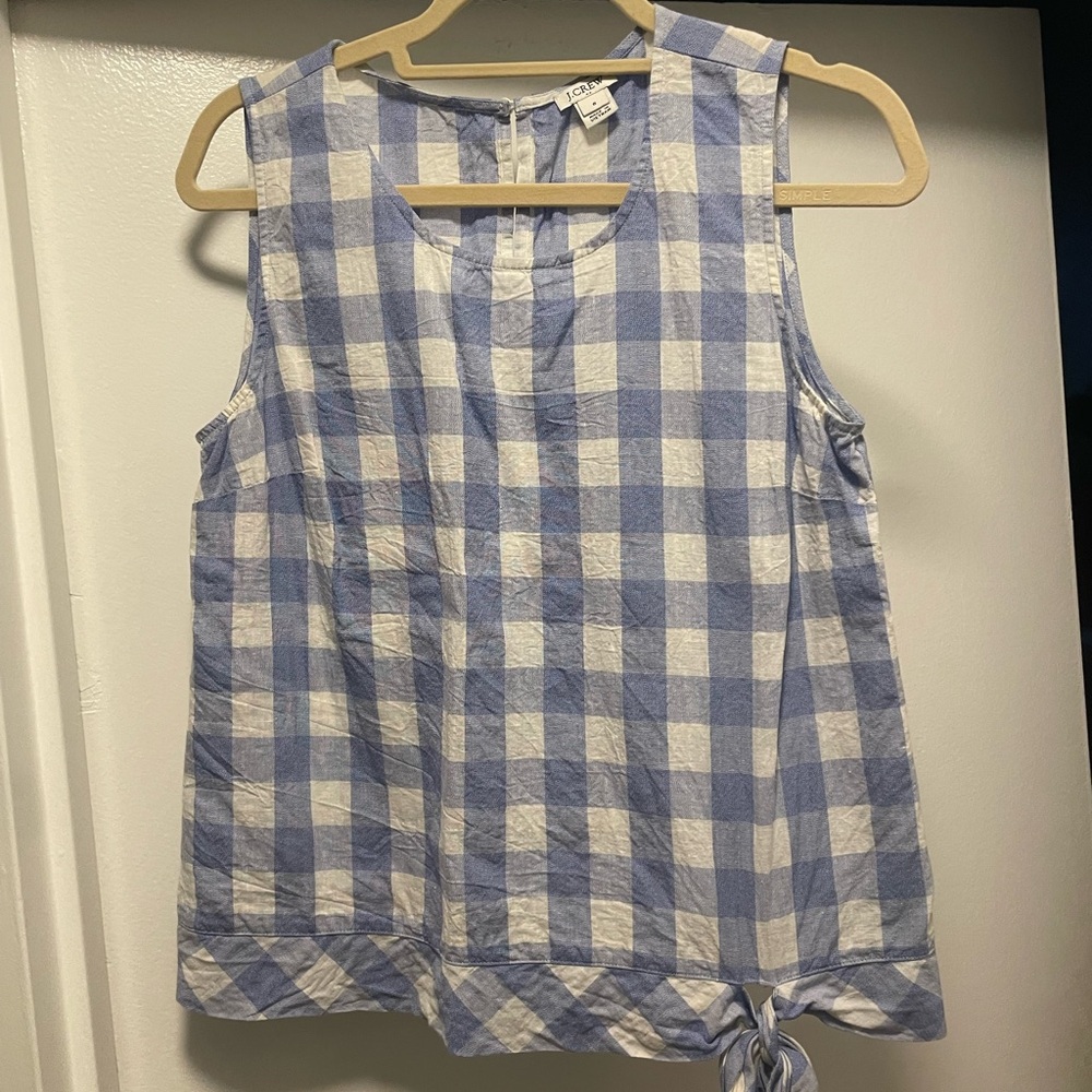 J. Crew Blue and White Gingham Tie-Hem Tank Top